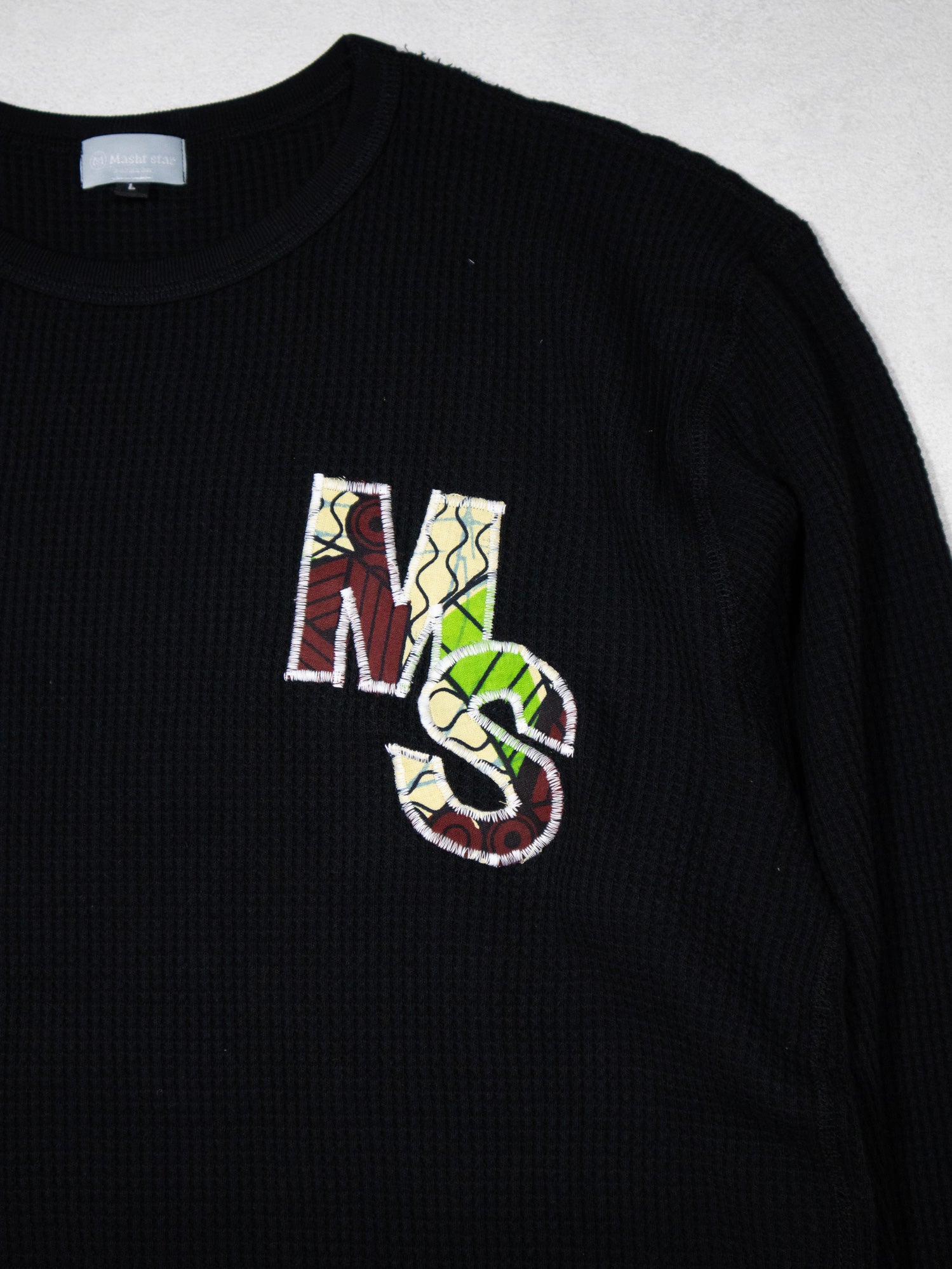 パッチワークMSサーマルロングTシャツ／BLACK.L