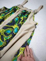 サスペンダーワンピースPATCHWORK／BEIGE・GREEN