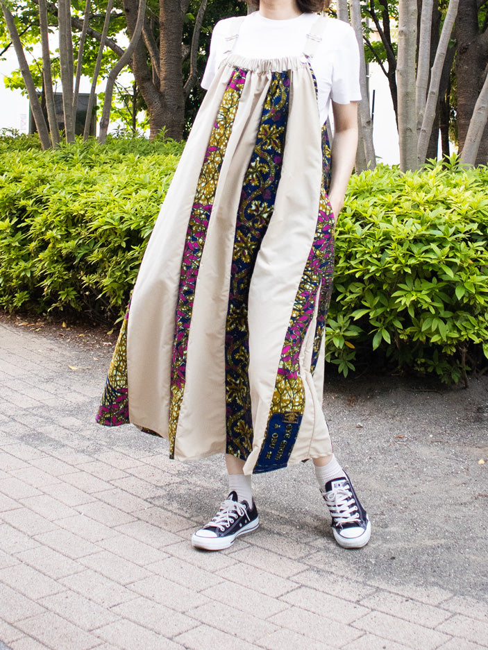 サスペンダーワンピースPATCHWORK／BEIGE・GREEN