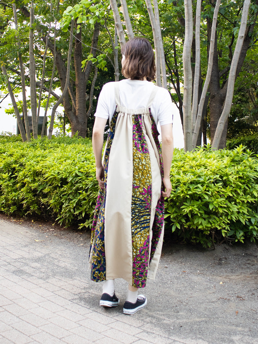 サスペンダーワンピースPATCHWORK／BEIGE・TREE