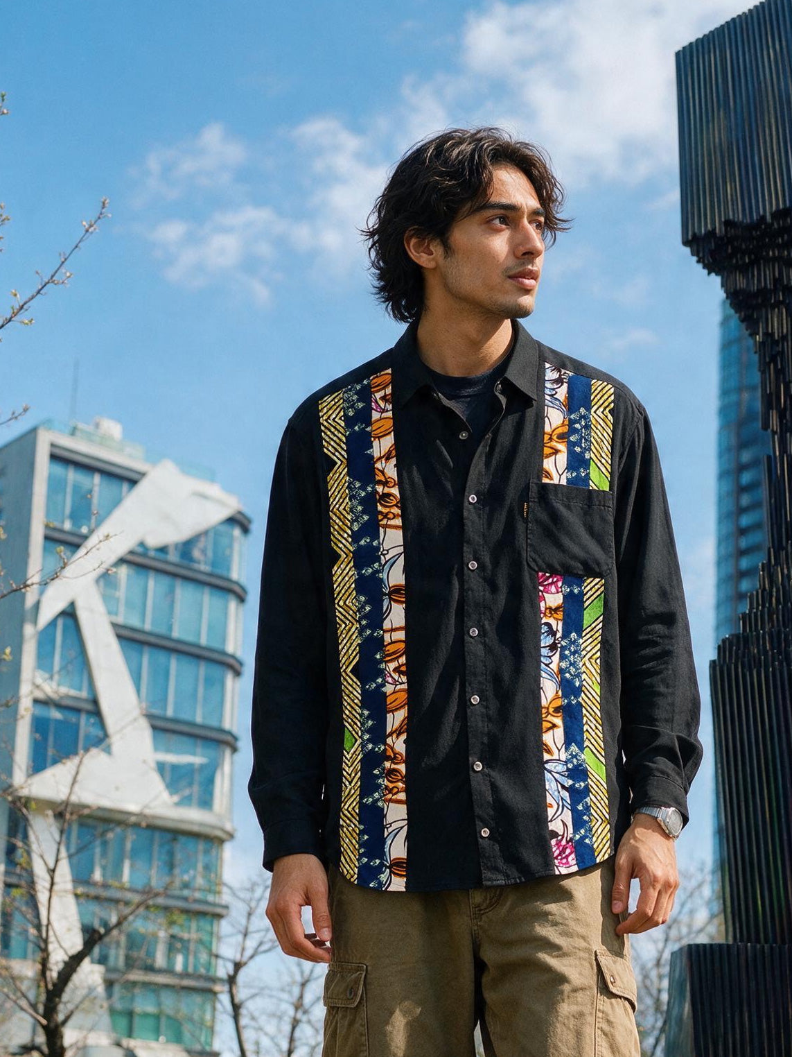 PATCHWORKパウダー長袖シャツ L size／BLACK