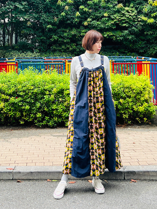 撥水サスペンダーワンピースPATCHWORK／NVY・ACORN