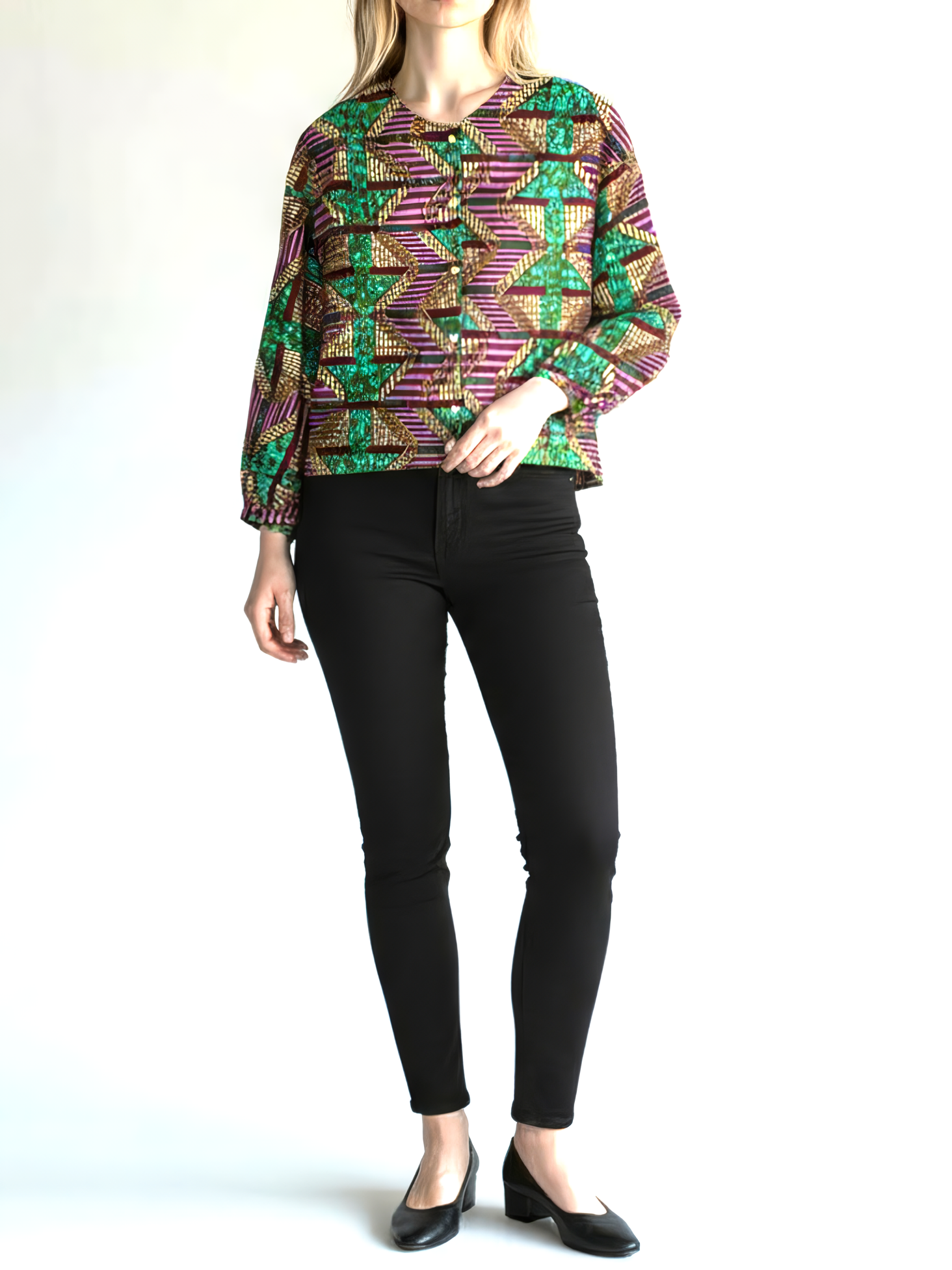 裏地付きノーカラージャケットシャツ／PINKSTEPS